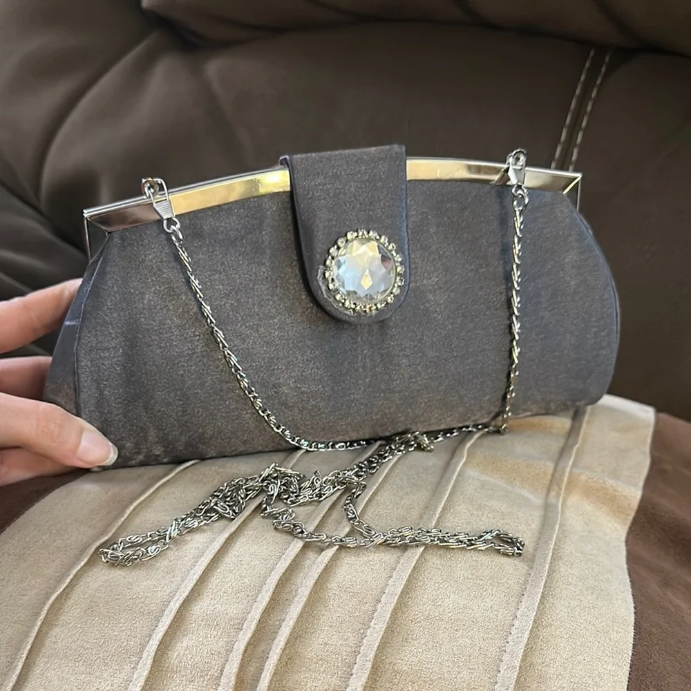 Vintage 1950s Silver Lame Clutch Purse with chain Handle - Picture 1 of 9